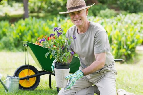 Skilled horticulturists shaping a hedge with precision tools