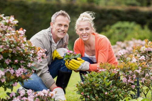 Crew communicating safety measures with homeowner near trimmed hedge